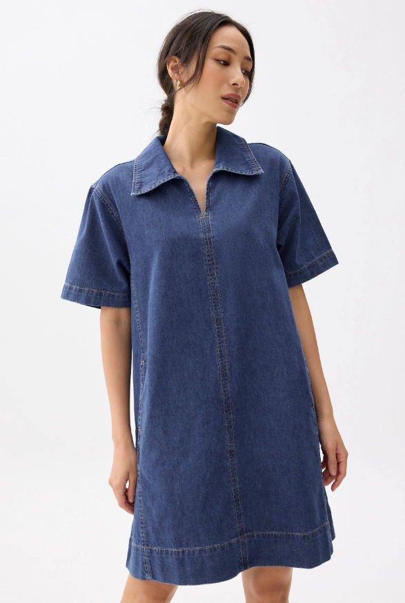 Denim Collared Trapeze Dress - Image 4